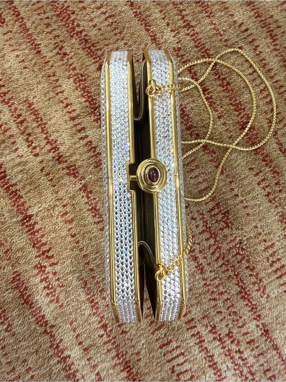 Judith Leiber Silver Crystal Minaudière with Gold Frame - never used